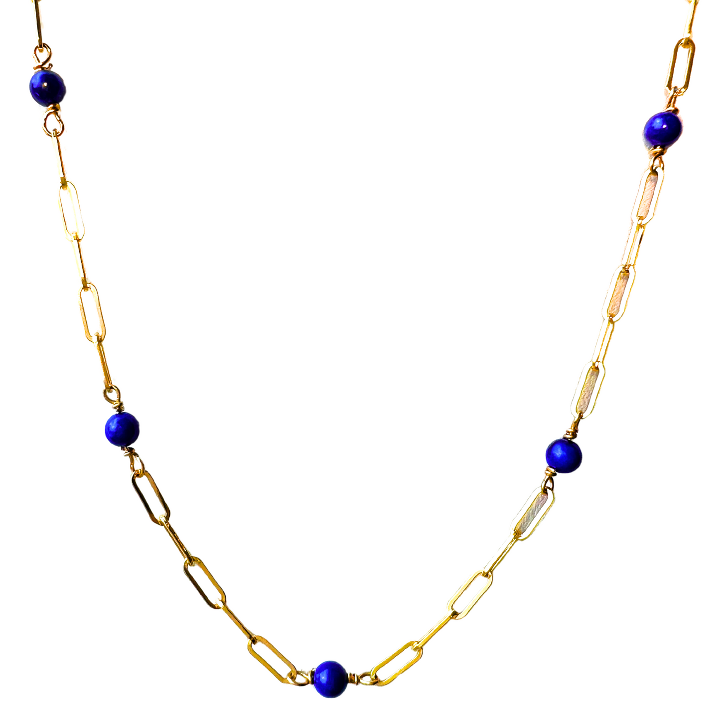 14K Gold Lapis Paperclip Station Necklace