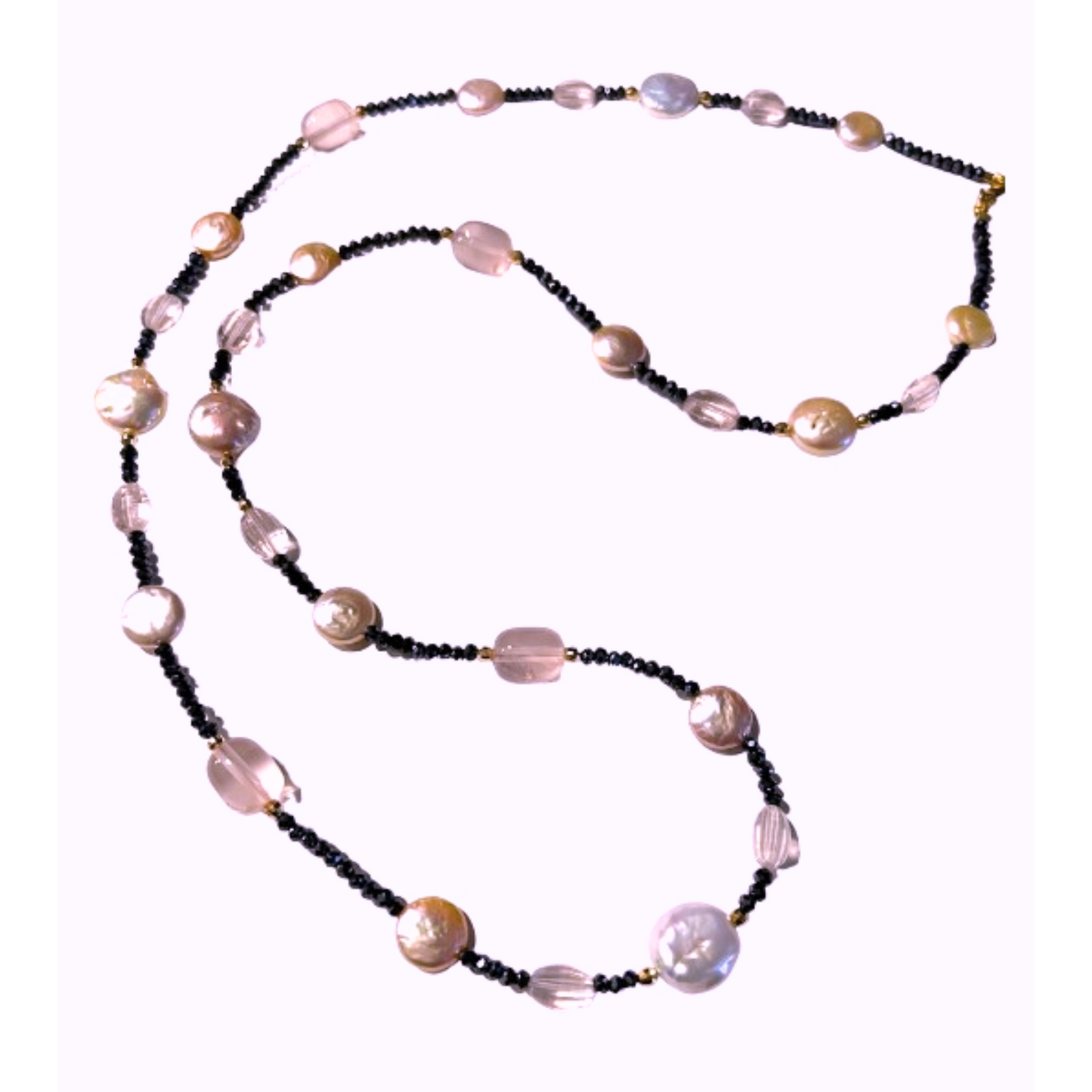 14K Gold Silv Blk Spinel, Rose Quartz & Blush Coin Pearl Rope Nekclace