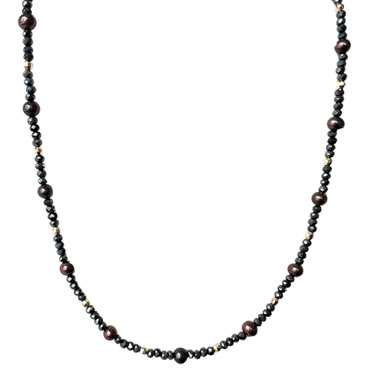 14K Gold Black Pearl & Spinel Necklace