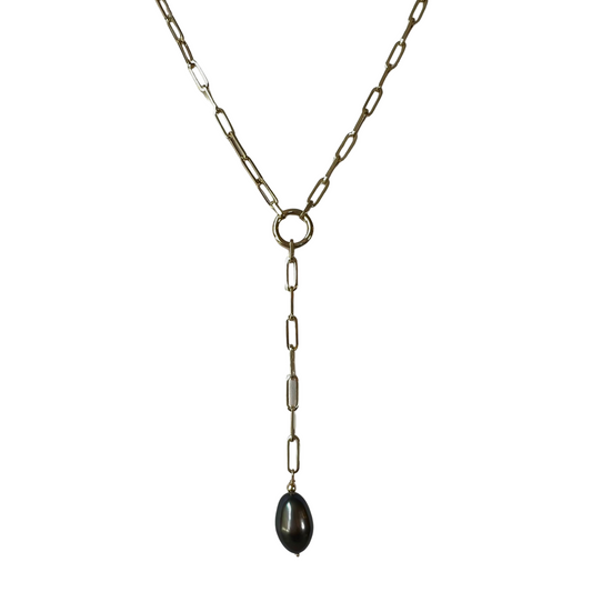 14K Gold Black Pearl Paperclip Y Necklace