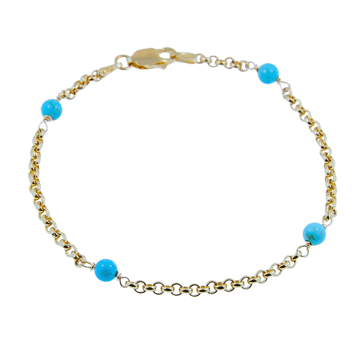 Gold Over Sterling Turquoise 4 Station Rolo Bracelet