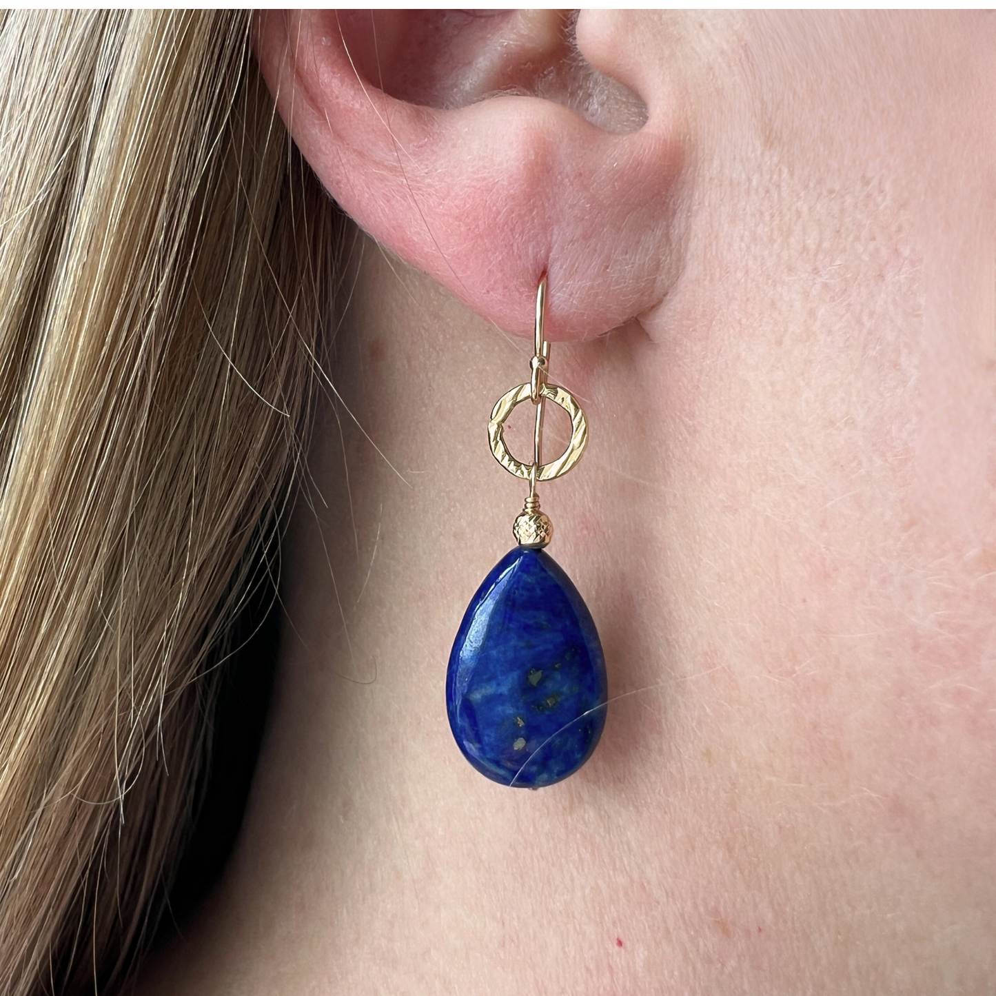 14K Gold Lapis Teardrop with Hammered Ring Earring