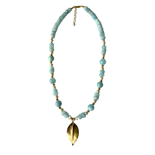 Gold Over Sterling Aquamarine & White Pearl Necklace
