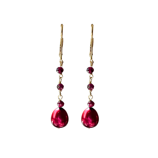 14K Gold Garnet & Burgundy Pearl Triple Drop Earring