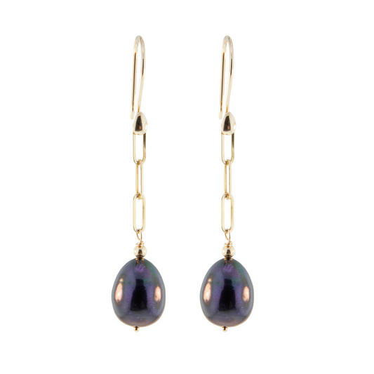 14K Gold Black Pearl Paperclip Earring