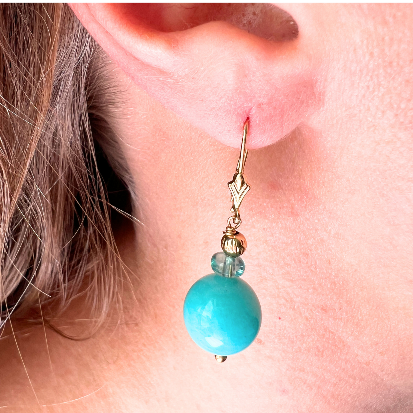 14K Gold 12mm Amazonite & Apatite Earring