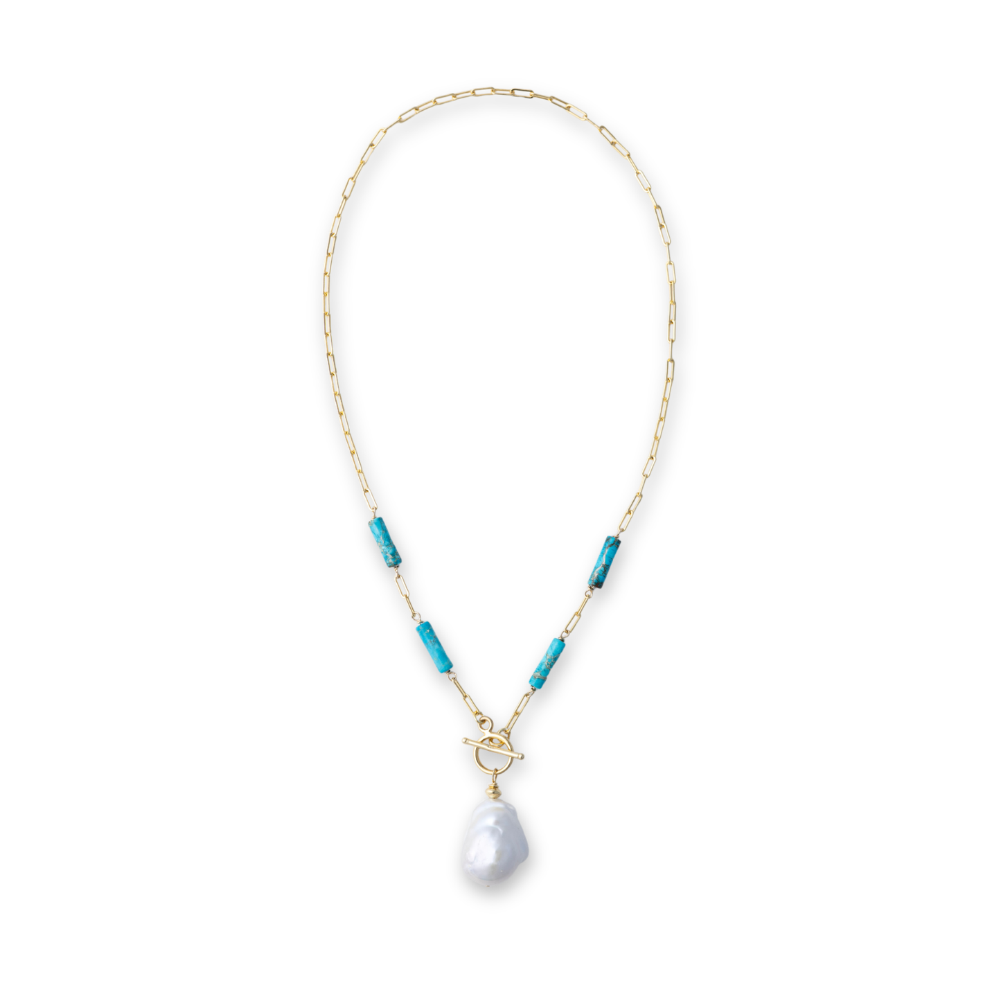 Gold Over Sterling Turquoise & Baroque Pearl Necklace