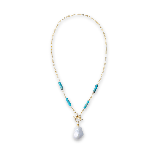 Gold Over Sterling Turquoise & Baroque Pearl Necklace