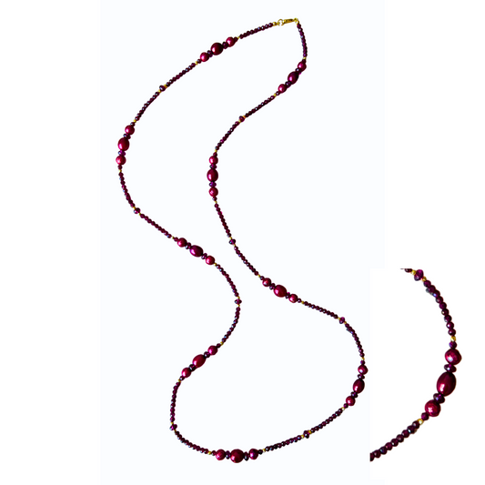 14K Gold Garnet & Burgundy Pearl Rope Necklace