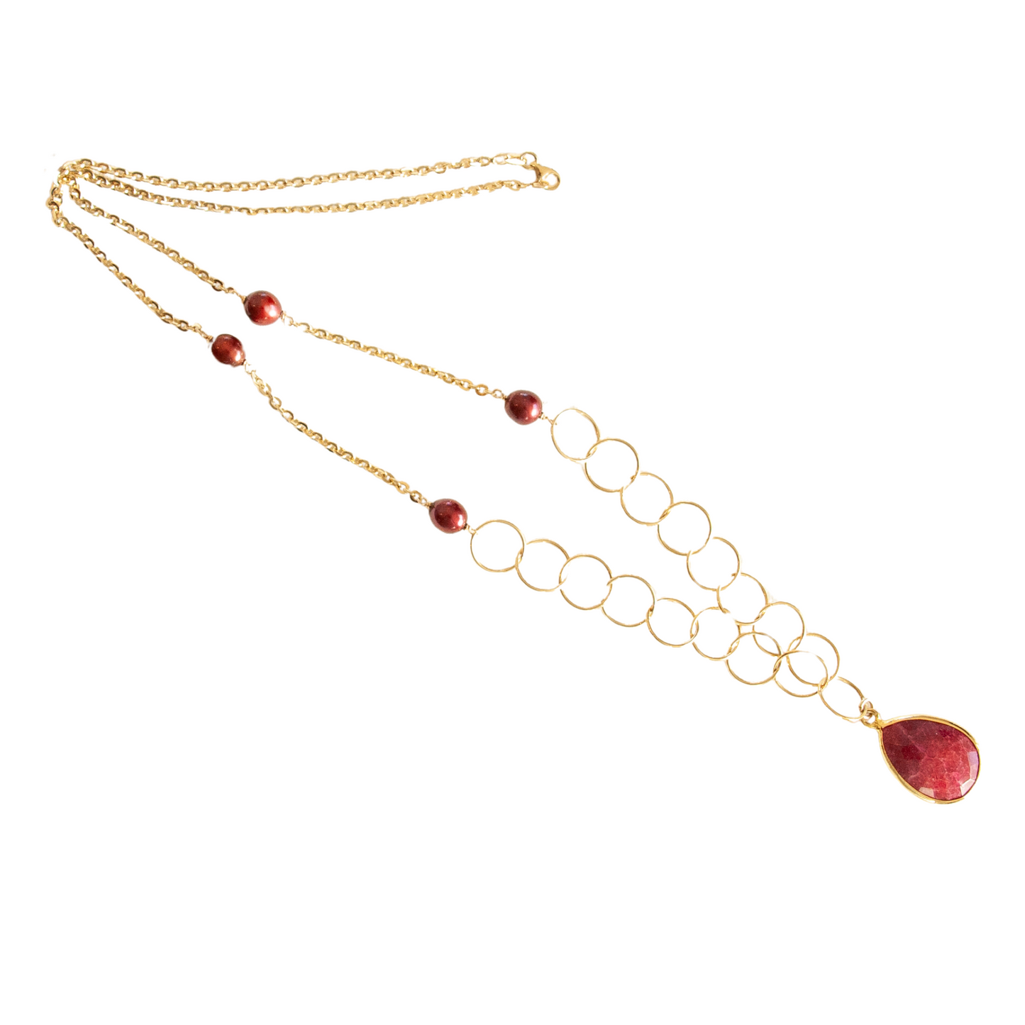 Gold Over Sterling Ruby & Burgundy Pearl Necklace