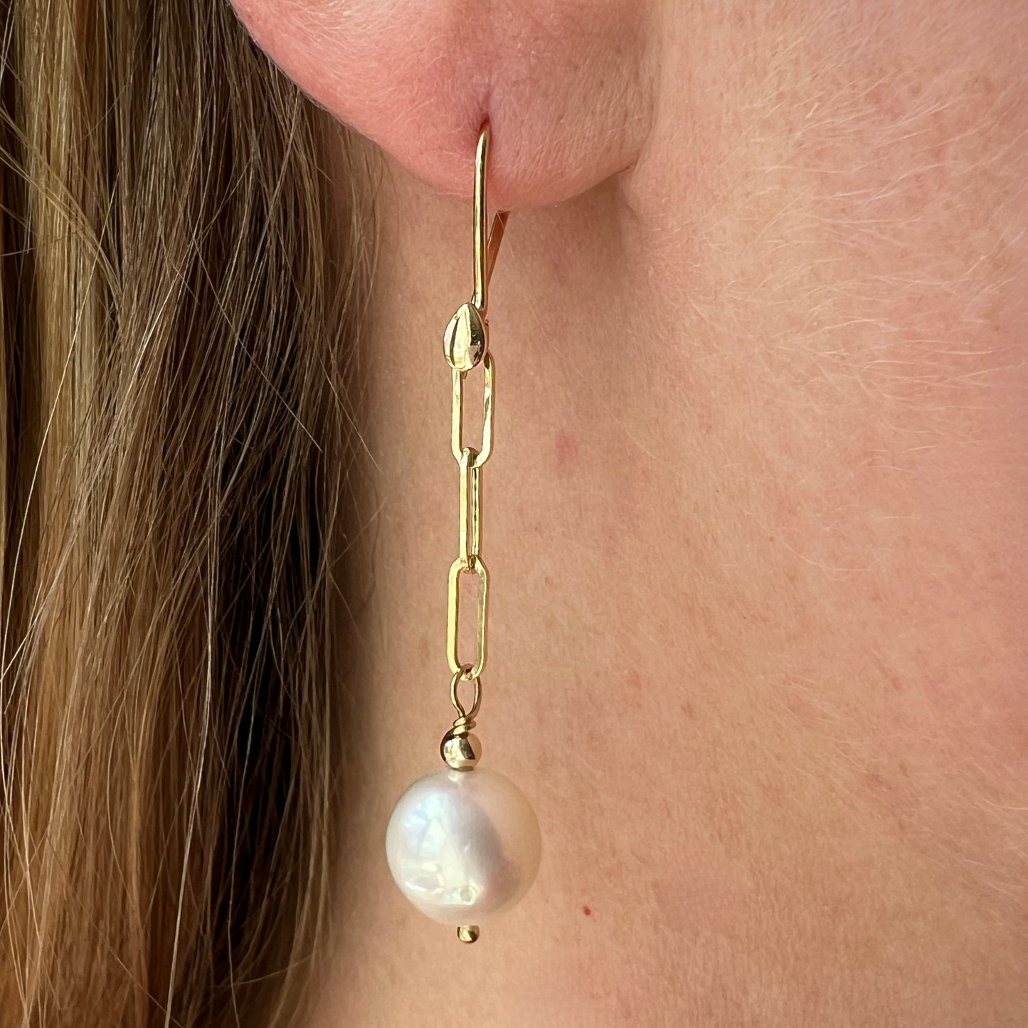 14K Gold White Pearl Paperclip Earring