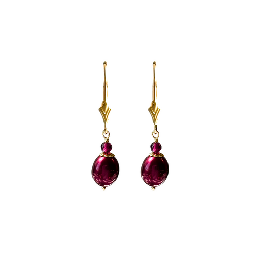 14K Gold Garnet & Burgundy Pearl Leverback