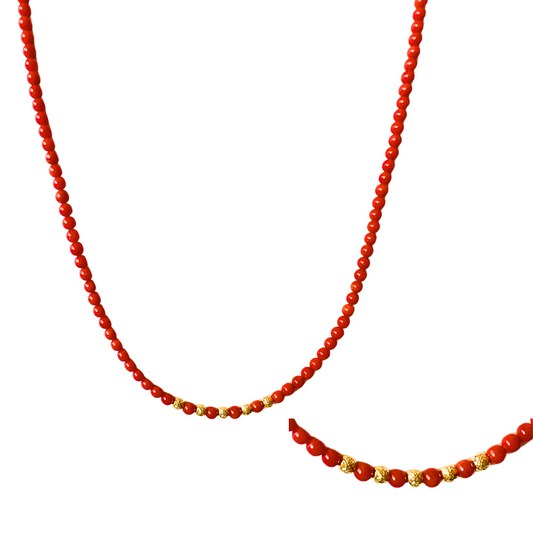 14K Gold Red Coral 3mm Pyramid Bead Necklace