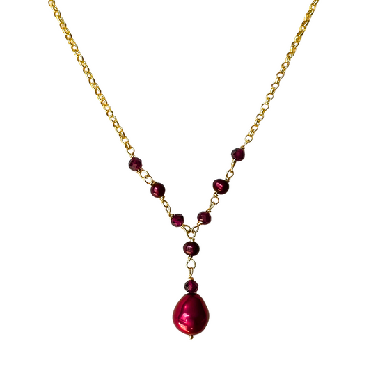 14K Gold Garnet & Burgundy Pearl Chain Necklace