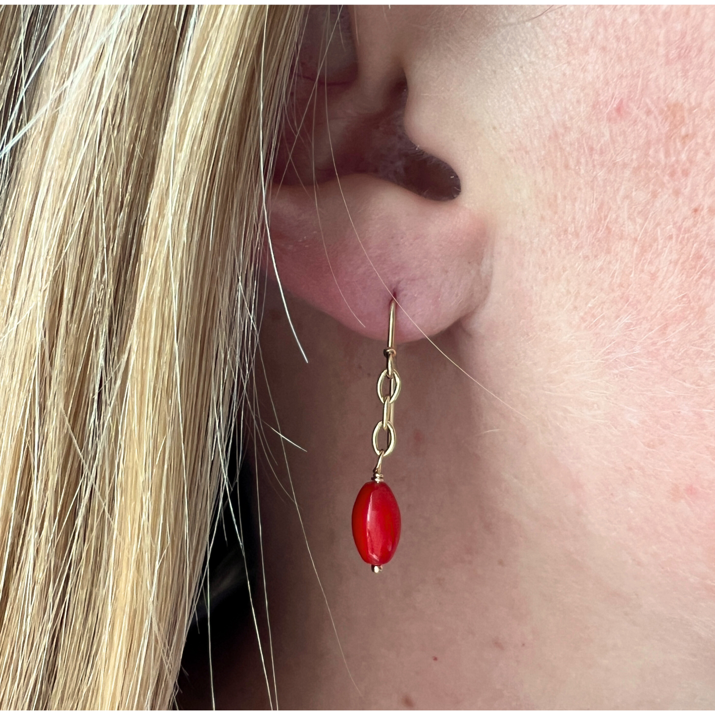 14K Gold Red Coral Oval Chain Earring