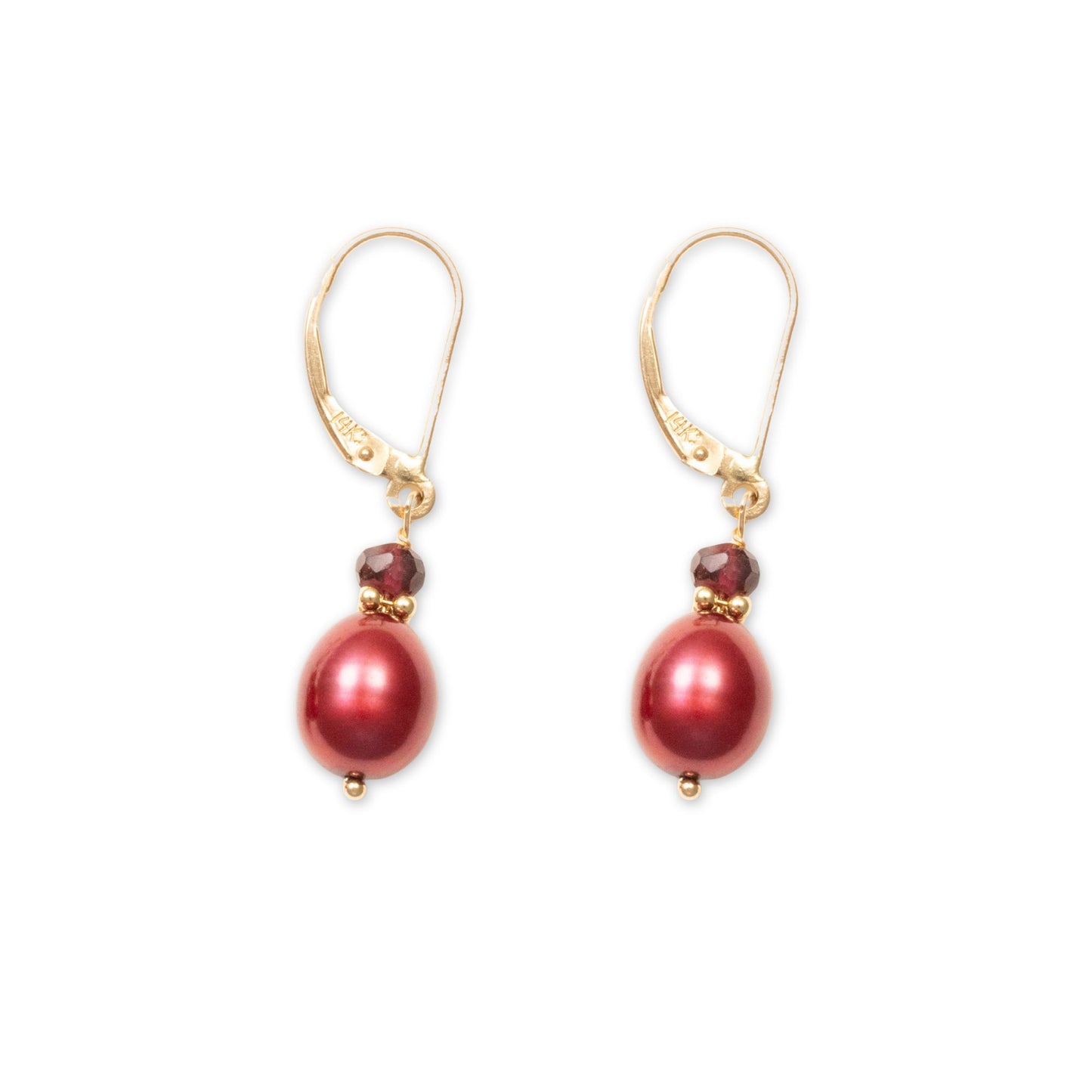 14K Gold Garnet & Burgundy Pearl Leverback