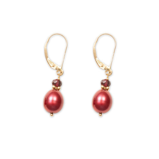 14K Gold Garnet & Burgundy Pearl Leverback