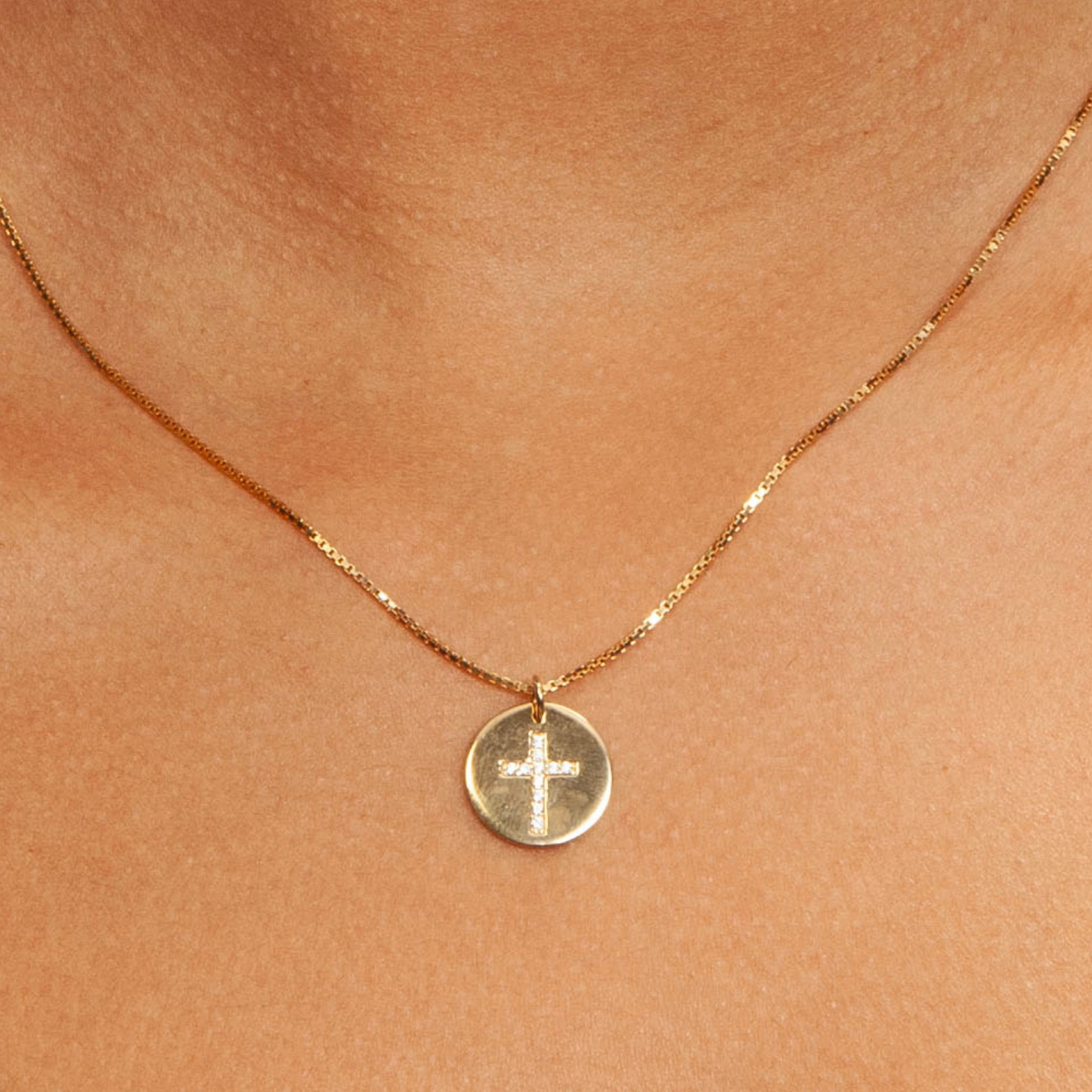 Gold Over Sterling Disc with CZ Cross on Chain