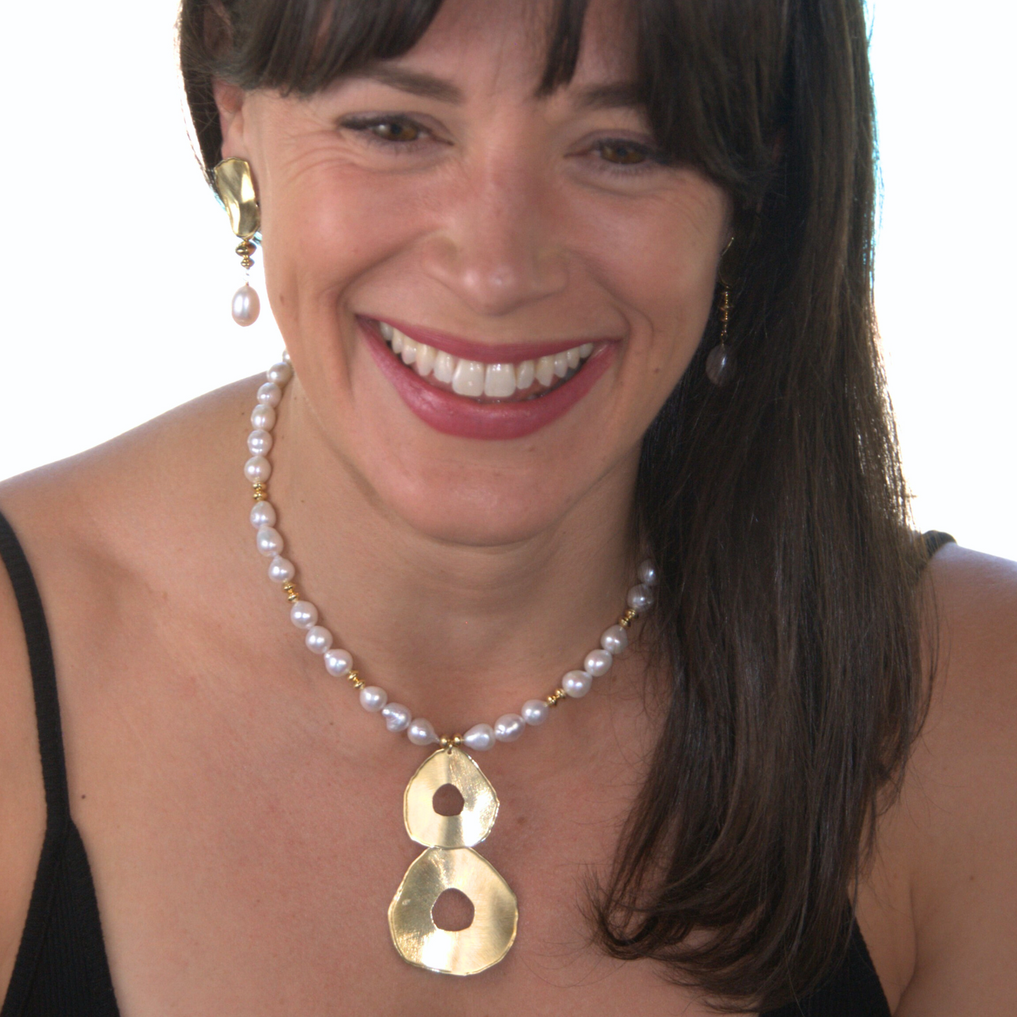 Gold Over Sterling White Baroque Pearl Satin Disc Necklace