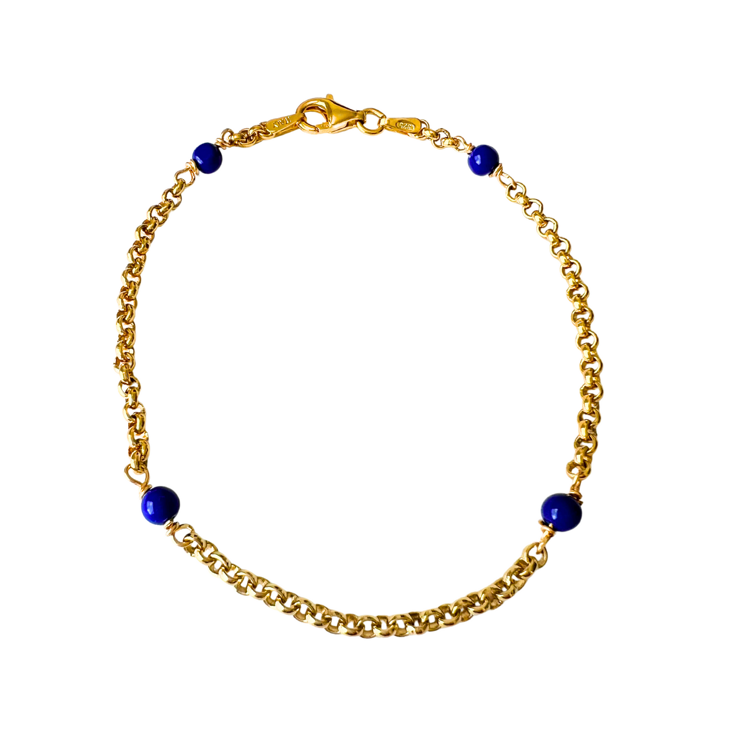 Gold Over Sterling Lapis 4 Station Rolo Bracelet