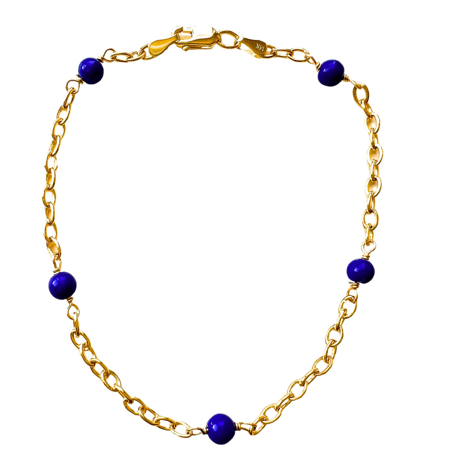 14K Gold Lapis 4mm Oval Link Chain Bracelet