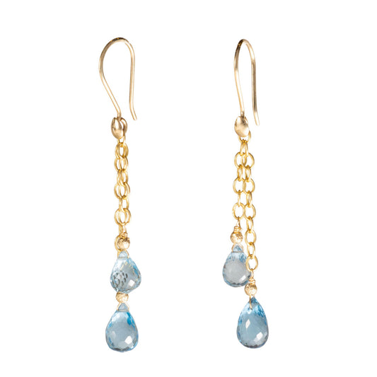 14K Gold London Blue Topaz Briolette Chain Earring