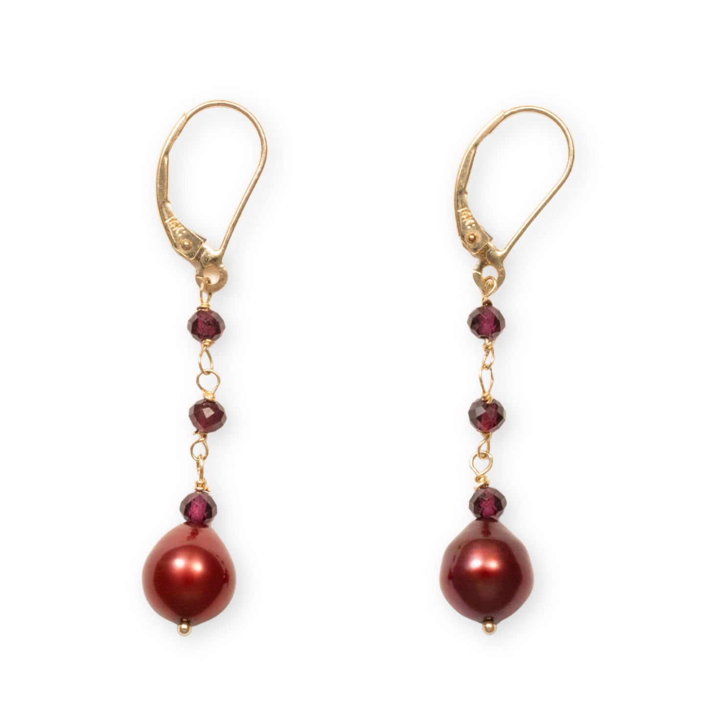 14K Gold Garnet & Burgundy Pearl Triple Drop Earring