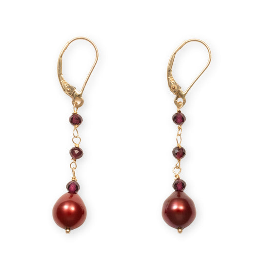 14K Gold Garnet & Burgundy Pearl Triple Drop Earring