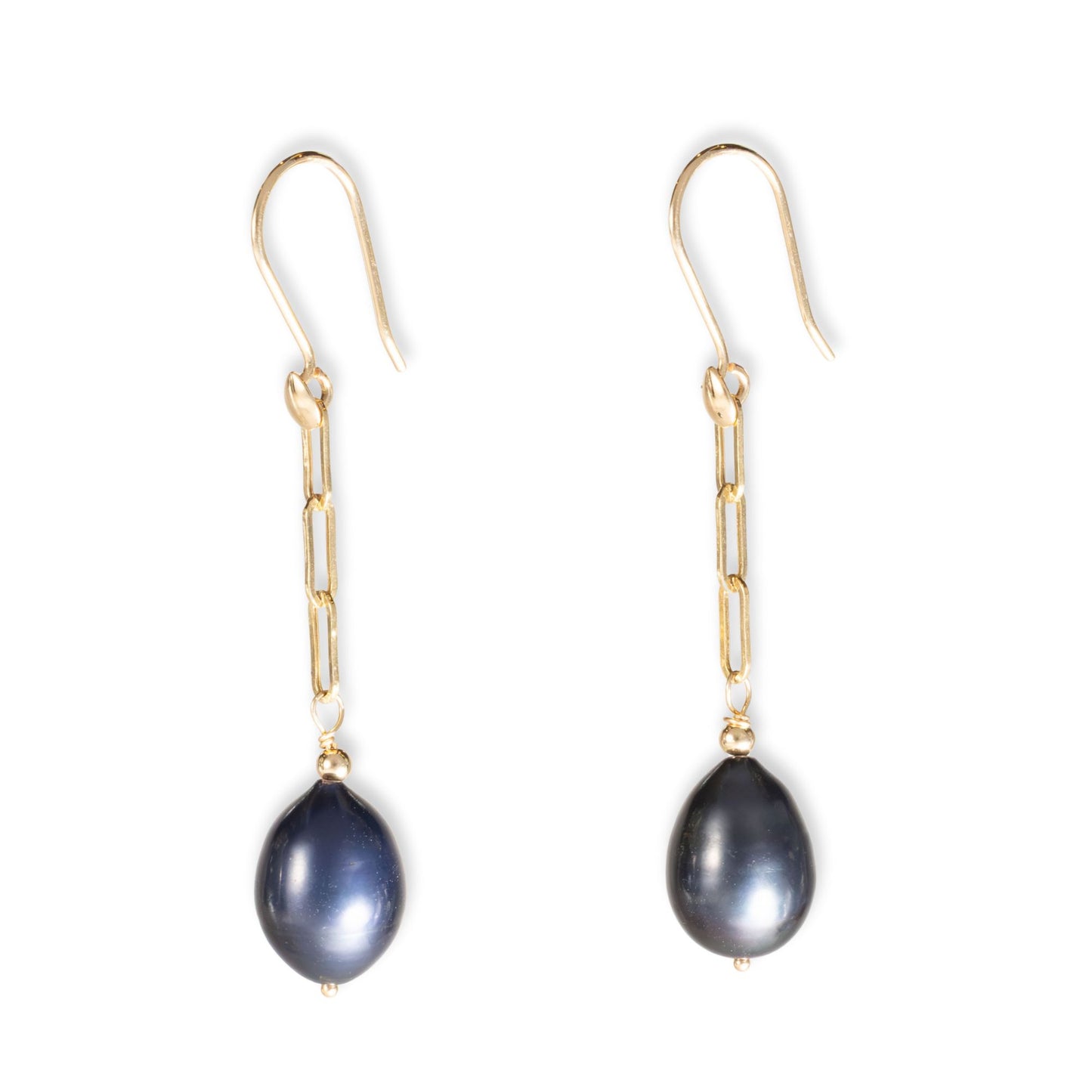 14K Gold Black Pearl Paperclip Earring