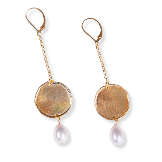 Gold Over Sterling White Pearl Satin Disc Chain Drop Earring