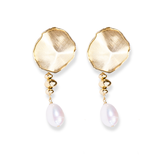 Gold Over Sterling White Pearl Satin Disc Post Earring