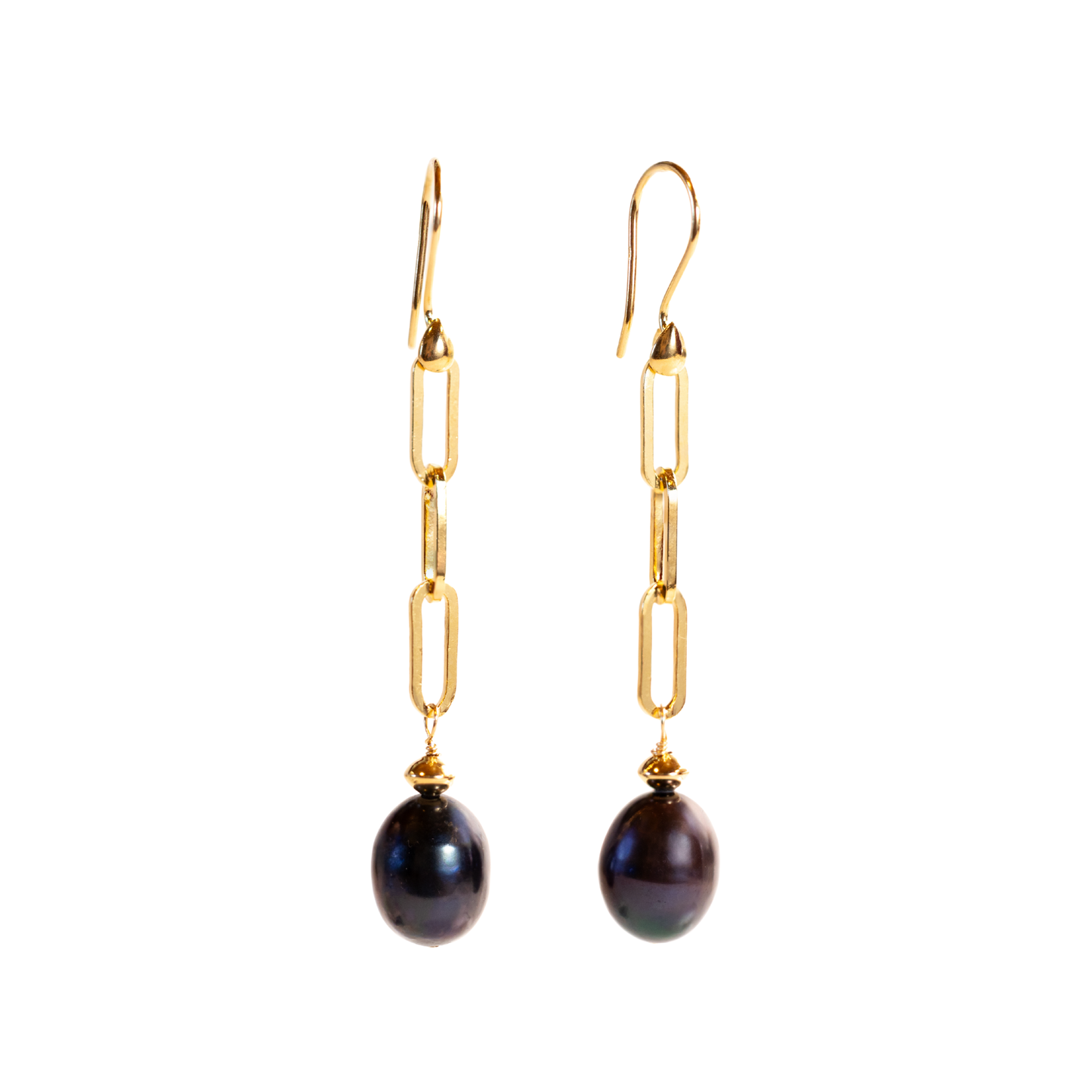 Gold Over Sterling Heavy Paperclip Black Pearl Earring
