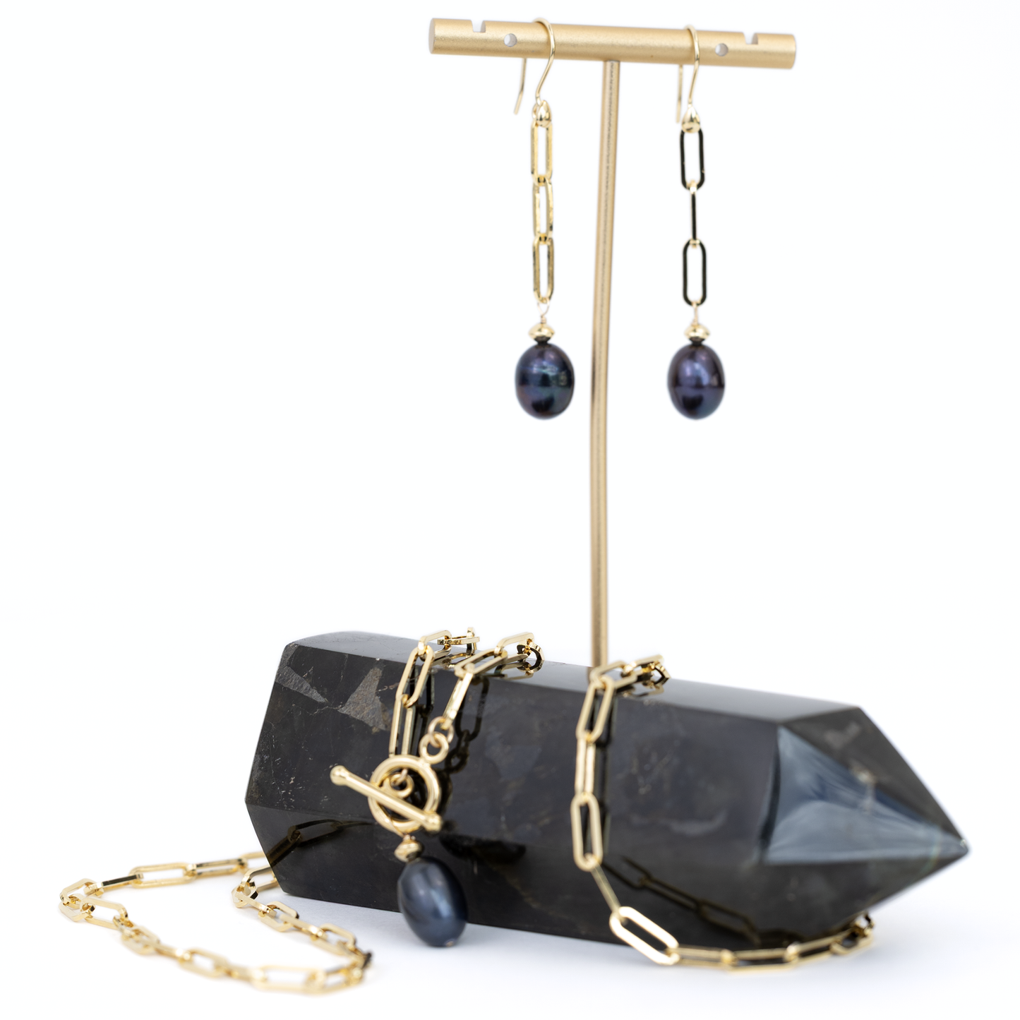 Gold Over Sterling Heavy Paperclip Black Pearl Earring