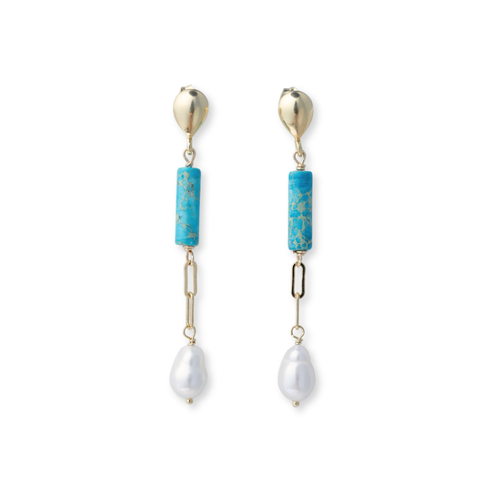 Gold Over Sterling Turquoise & White Pearl Post Earring