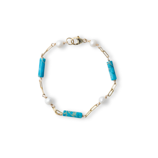 Gold Over Sterling Turquoise & White Pearl Bracelet