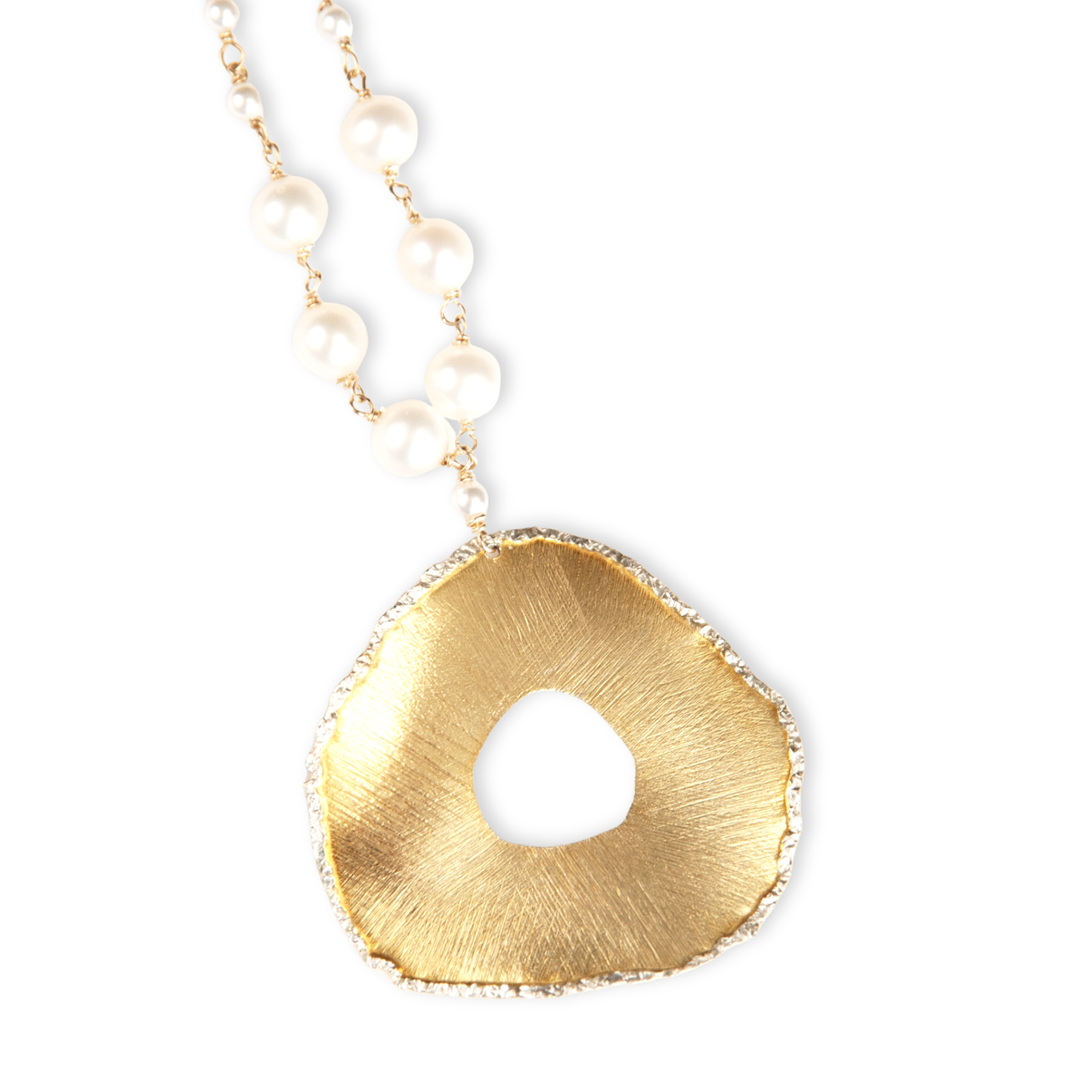 Gold Over Sterling White Pearl Wrapped 30" Disc Necklace
