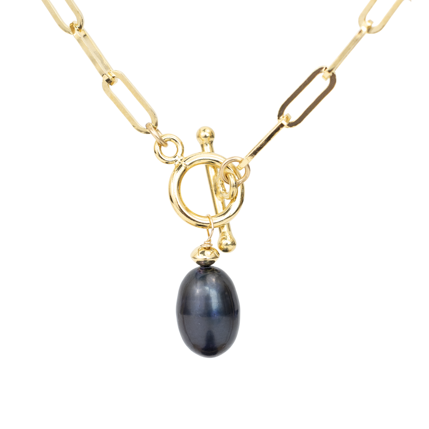 Gold Over Sterling Heavy Paperclip Black Pearl Toggle Necklace