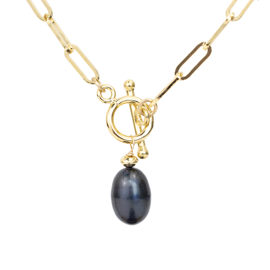 Gold Over Sterling Heavy Paperclip Black Pearl Toggle Necklace