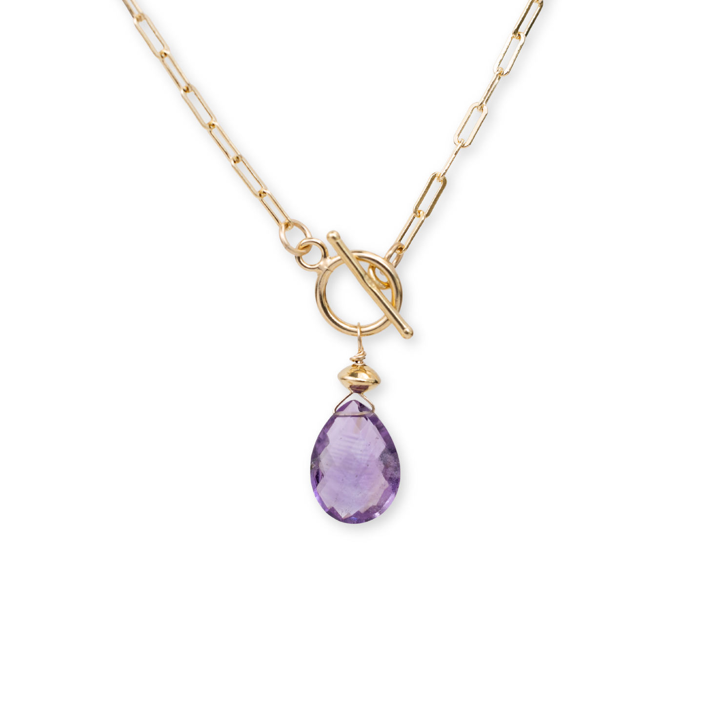 Gold Over Sterling Paperclip & Amethyst Teardrop Toggle Necklace