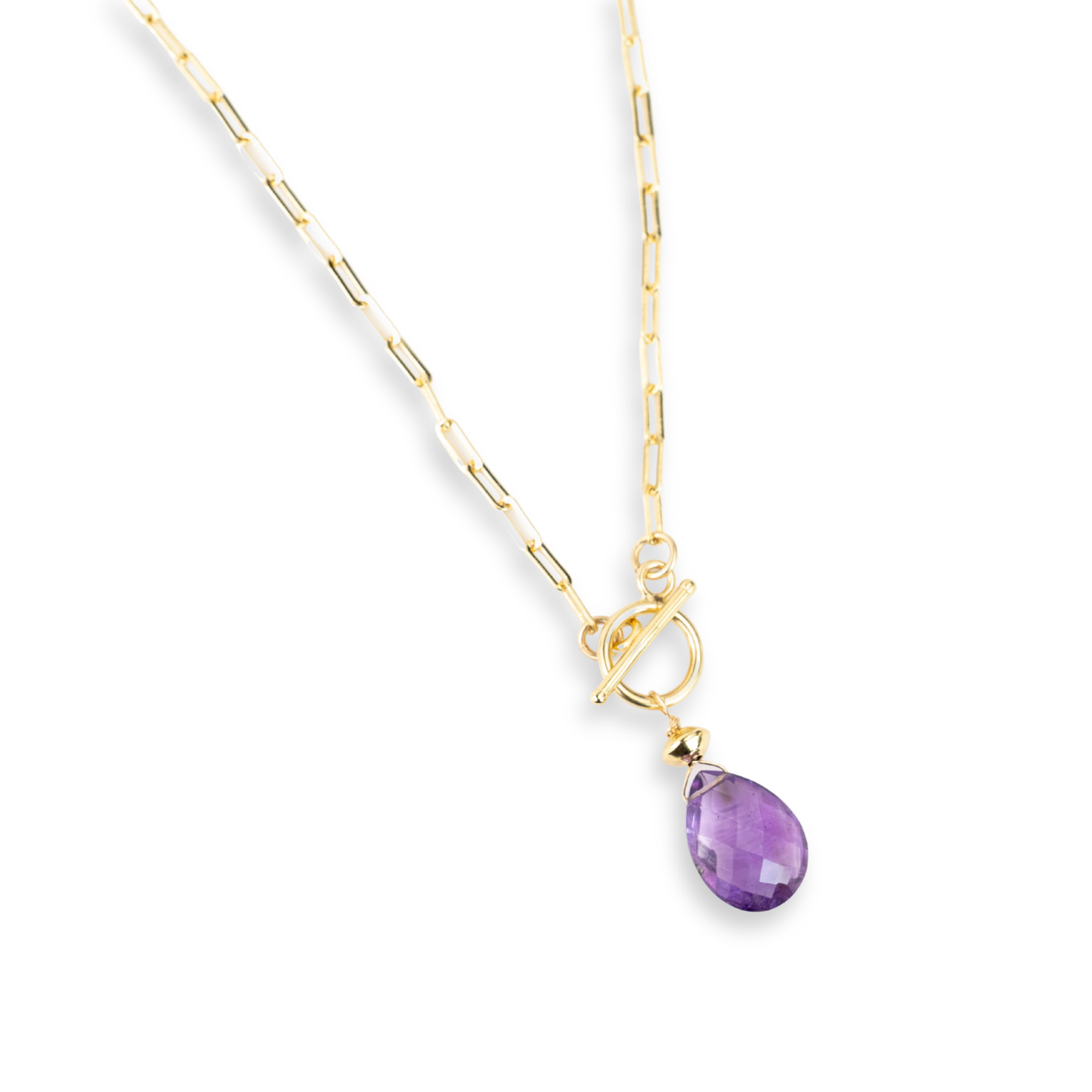 Gold Over Sterling Paperclip & Amethyst Teardrop Toggle Necklace