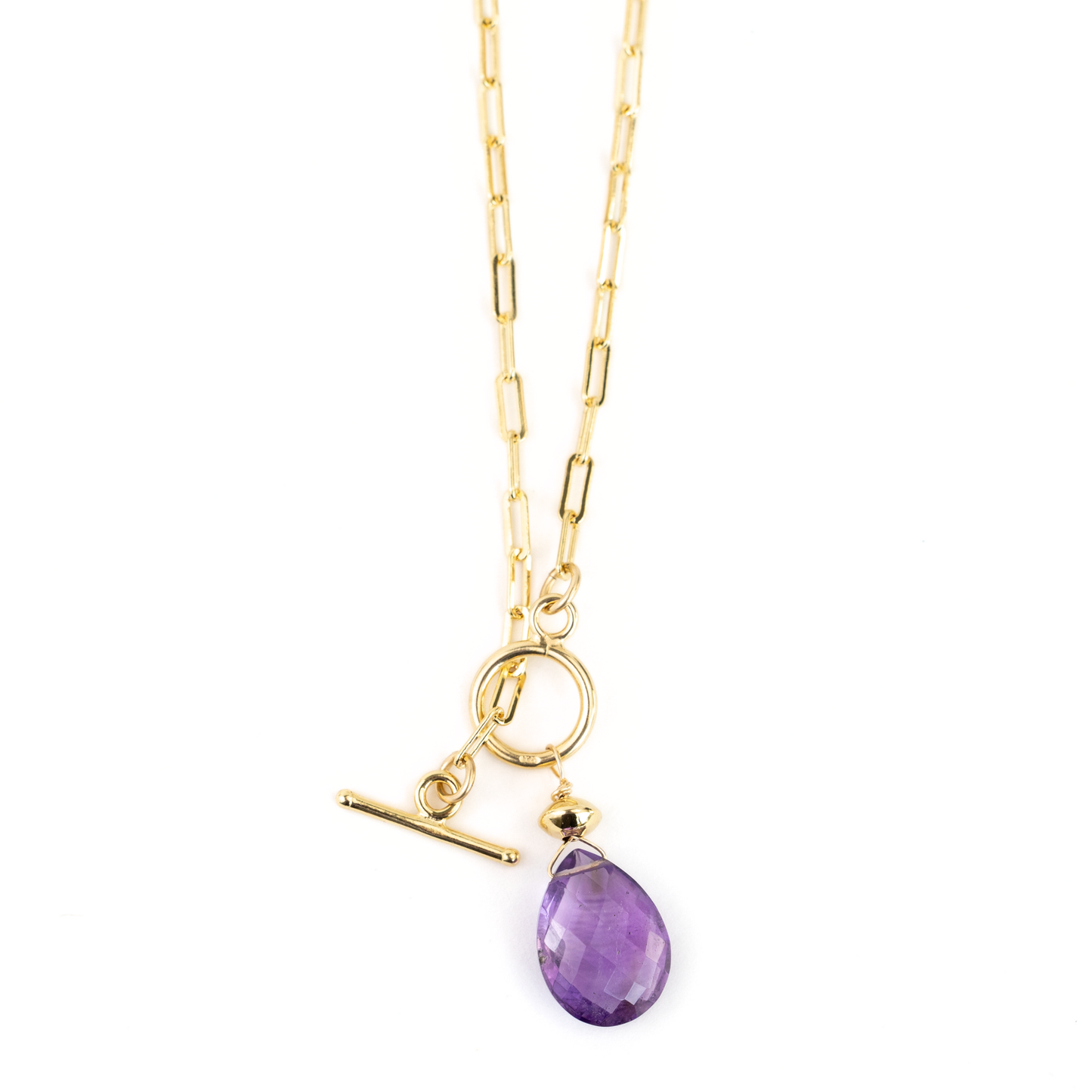 Gold Over Sterling Paperclip & Amethyst Teardrop Toggle Necklace