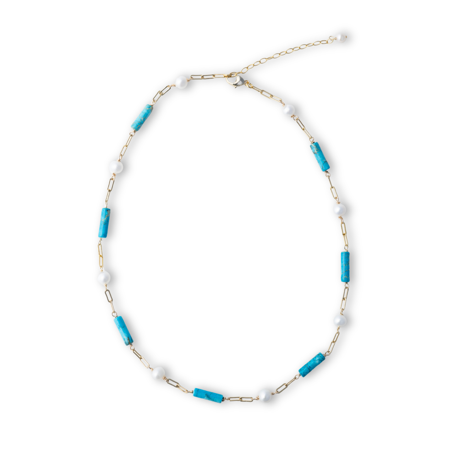 Gold Over Sterling Turquoise & White Pearl Necklace