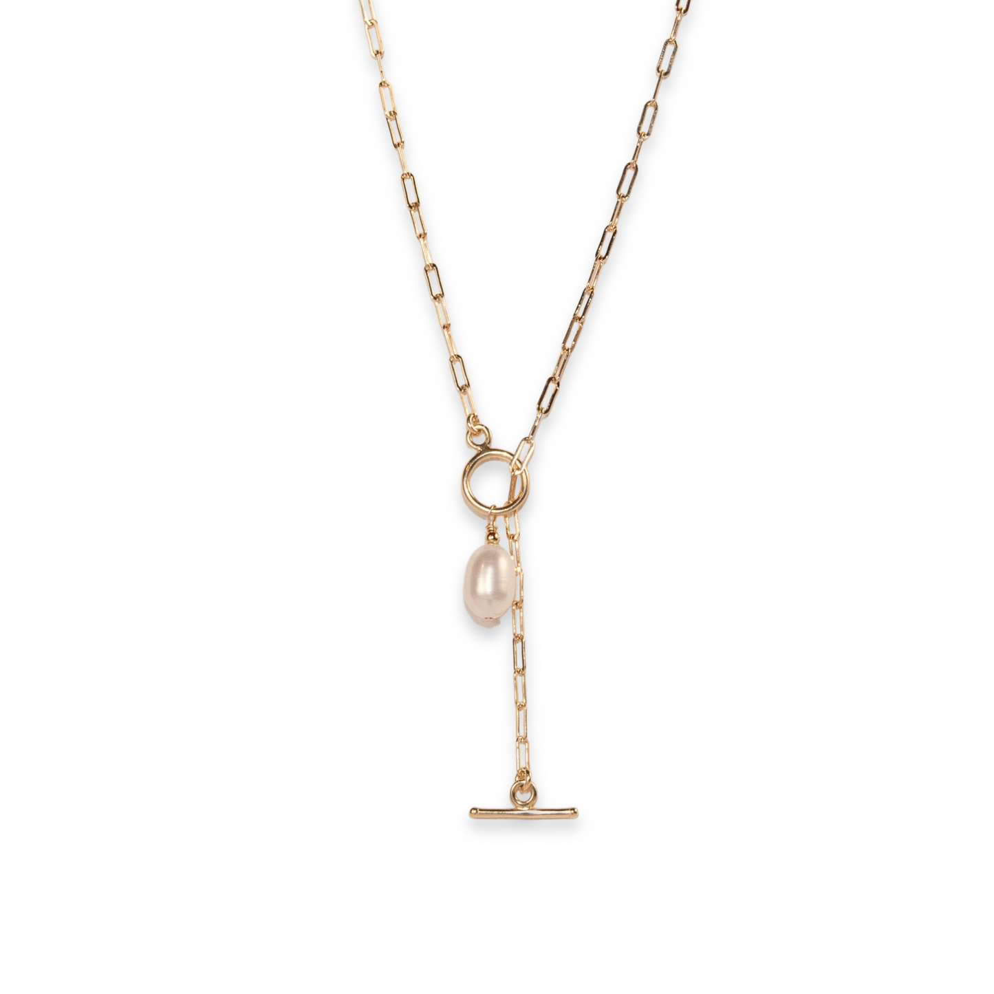 Gold Over Sterling White Pearl Paperclip Toggle Necklace