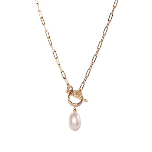 Gold Over Sterling White Pearl Paperclip Toggle Necklace