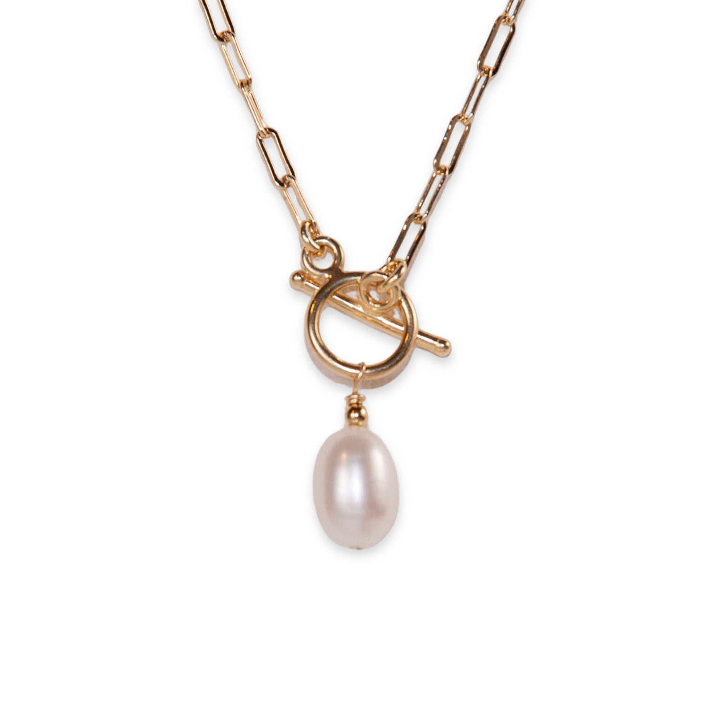 Gold Over Sterling White Pearl Paperclip Toggle Necklace