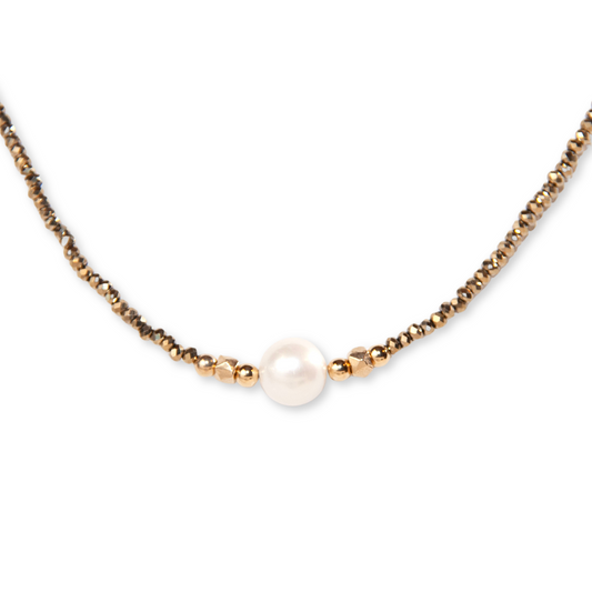 Gold Over Sterling White Pearl & Pyrite Necklace