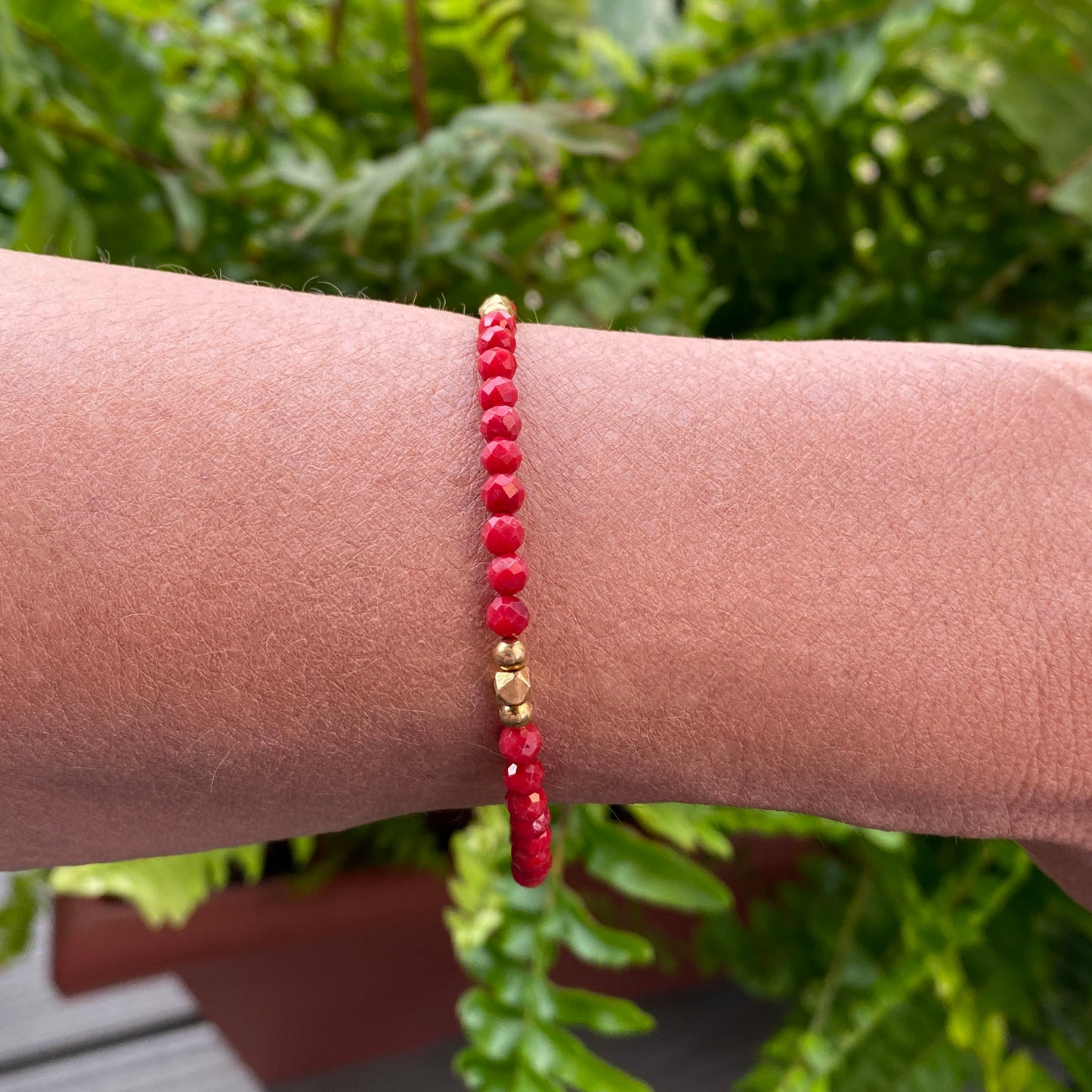 Gold Over Sterling Red Coral 4mm Faceted Nugget & Ball Bracelet