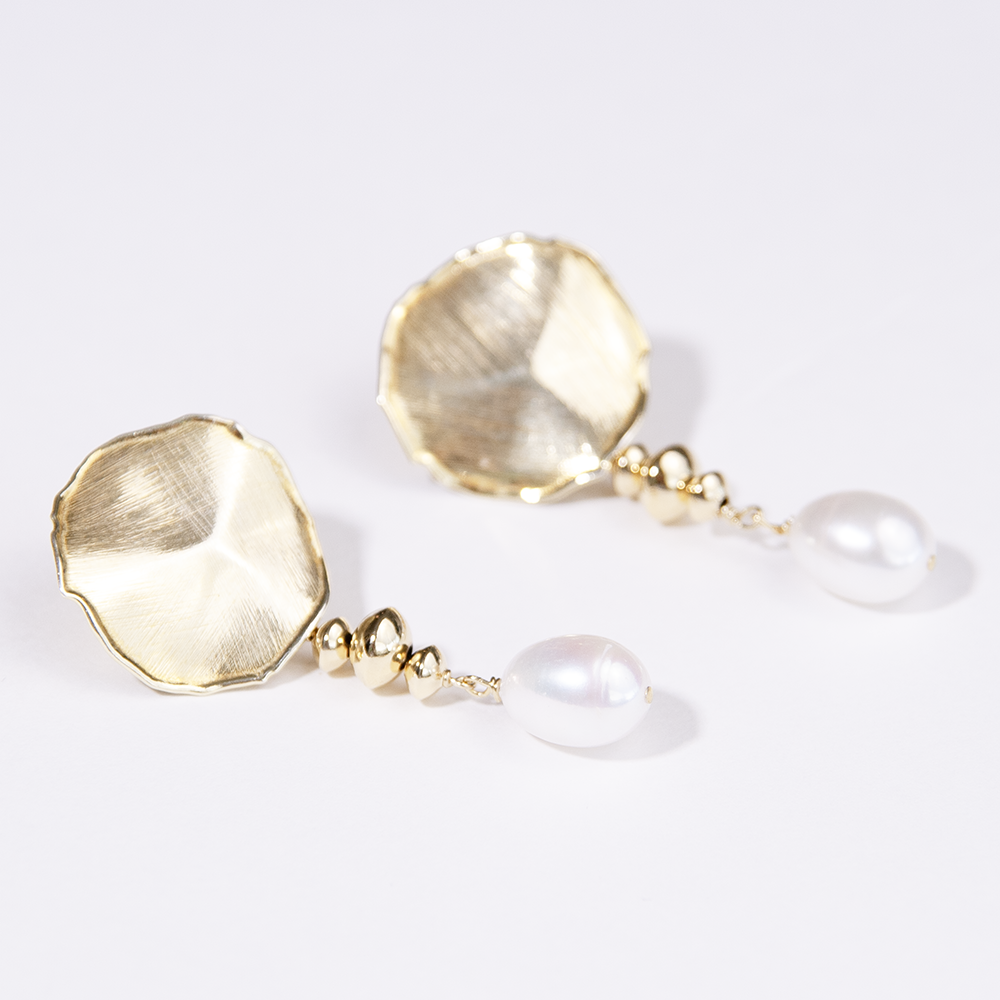 Gold Over Sterling White Pearl Satin Disc Post Earring