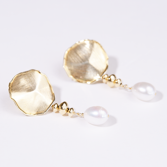 Gold Over Sterling White Pearl Satin Disc Post Earring