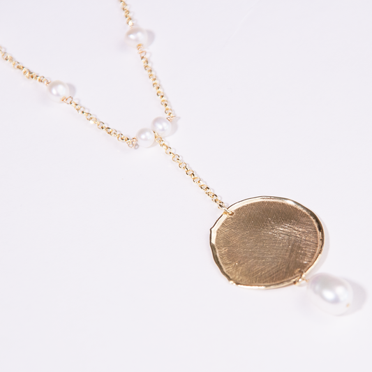 Gold Over Sterling White Pearl Satin Disc Y Necklace